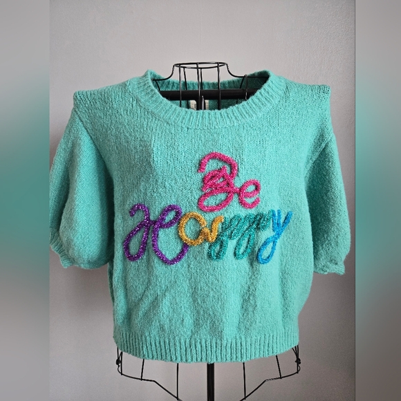 BiBi Colorful "Be Happy" Turquoise Sweater - Picture 2 of 7